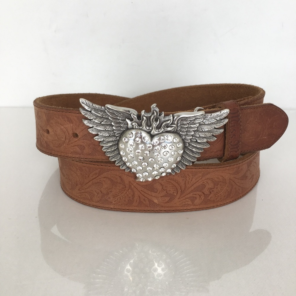 Miss Me brand! Brown Tooled Leather Belt with Silver Winged Heart Buckle